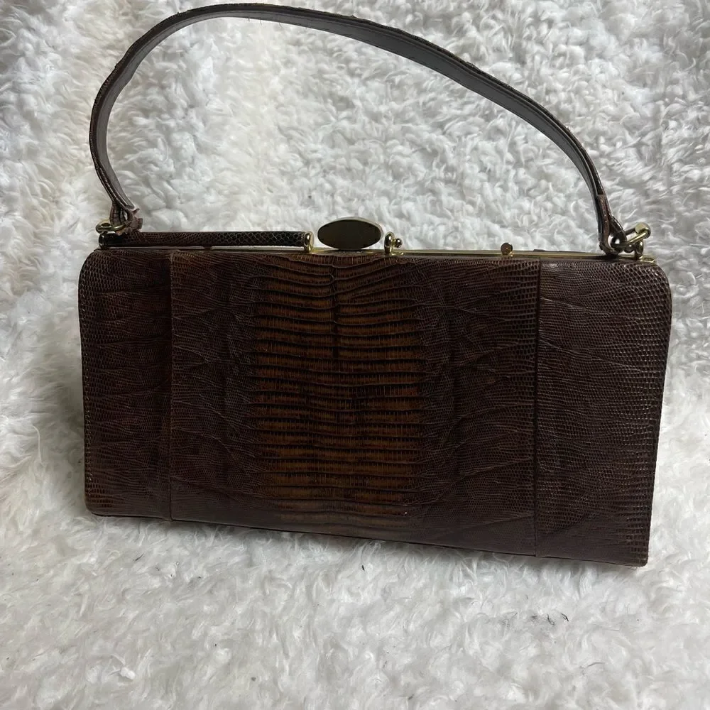 Vintage Brown Snake skin print handbag with antique gold tone hardwares.