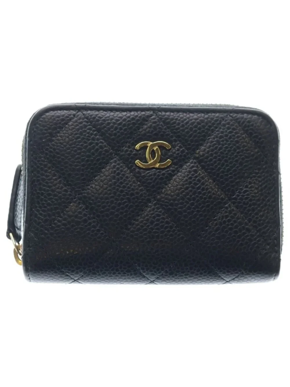 Chanel Quilted Classic Caviar Leather Zip Coin Purse Gold Black