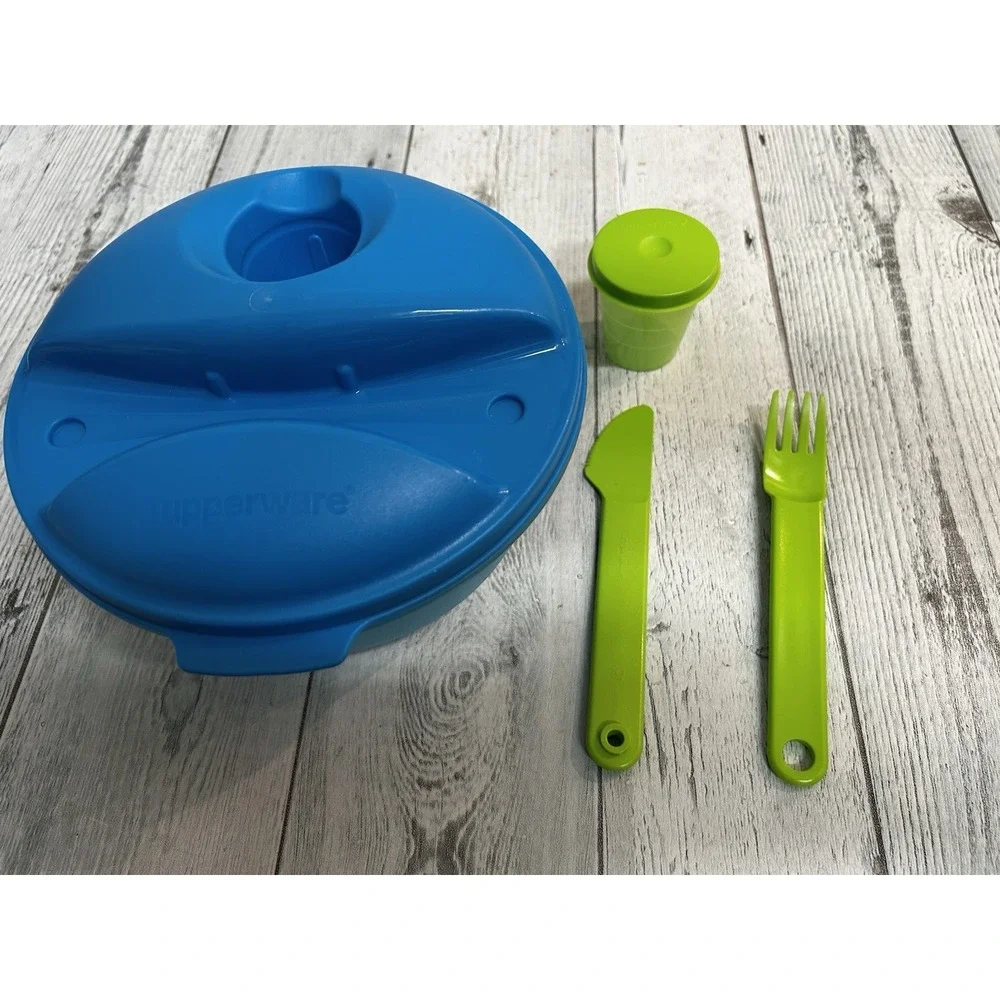 Blue Tupperware‎ On The Go Lunch Salad Bowl Complete Set 1700 1.5L 6 1/3 Cups