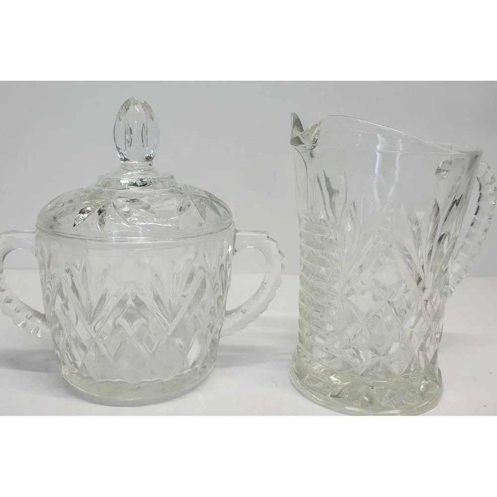 Vintage Clear Pressed Glass Creamer and‎ Lidded Sugar Bowl Set Sunburst Diamond