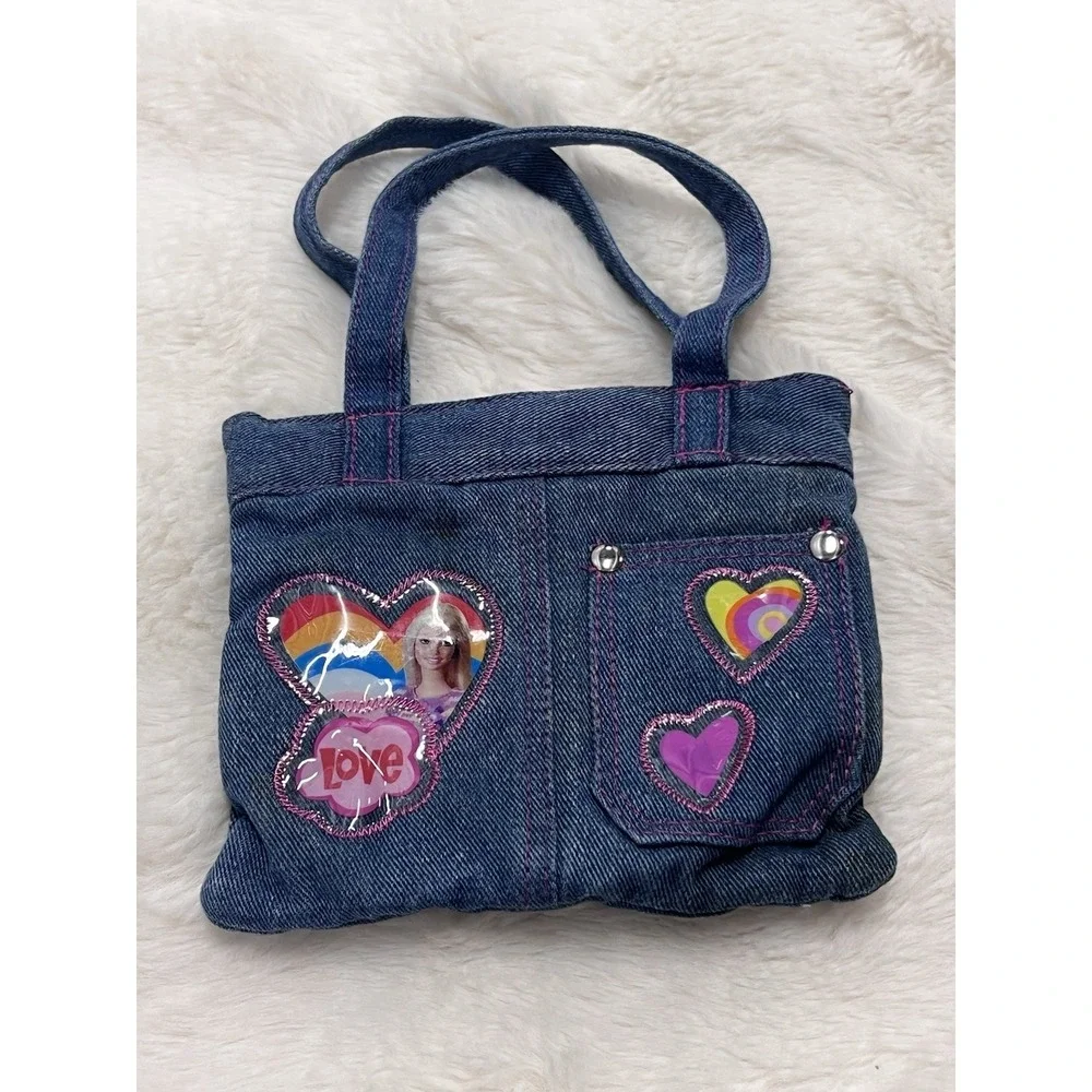 Y2K Barbie Kids Crossbody Bag Vtg 2002 Denim Pockets Patches Tote Girls
