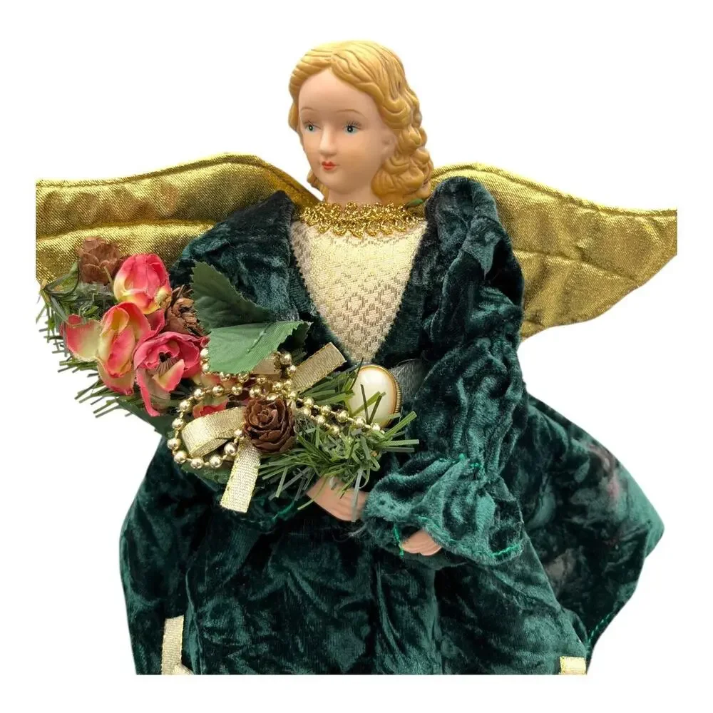 Vtg‎ Angel Tree Topper Green Velvet Gold Wings Porcelain Head Christmas 12