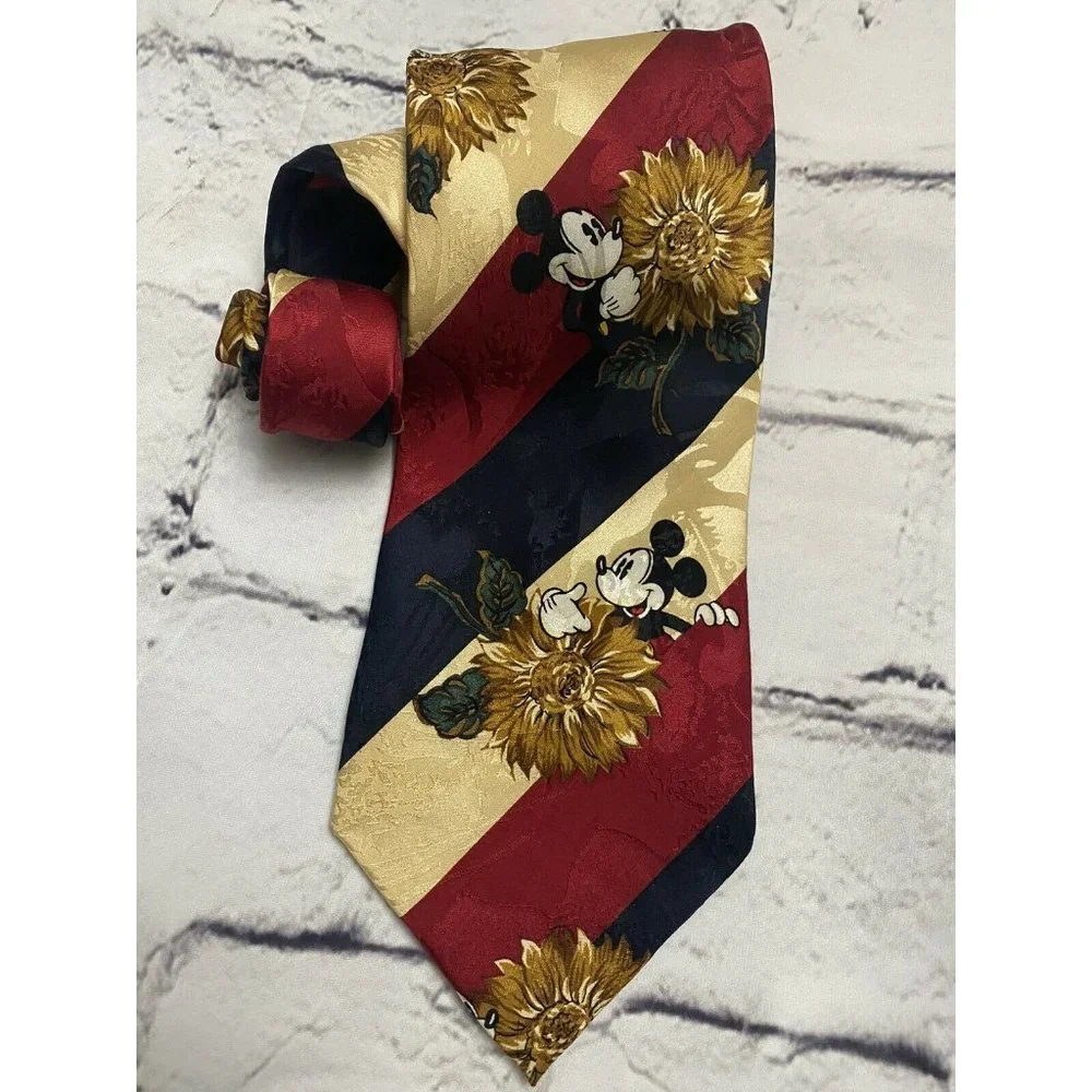Vintage‎ 90s The Disney Store Mickey Mouse Sunflower 100% Silk Neck Tie 1990s