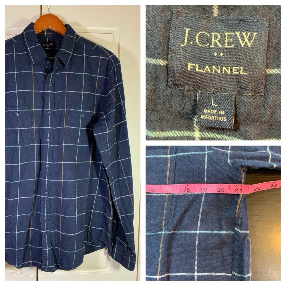 J Crew Flannel Shirt‎ Mens Large Button Blue Plaid Pocket Cabincore Cozy Preppy