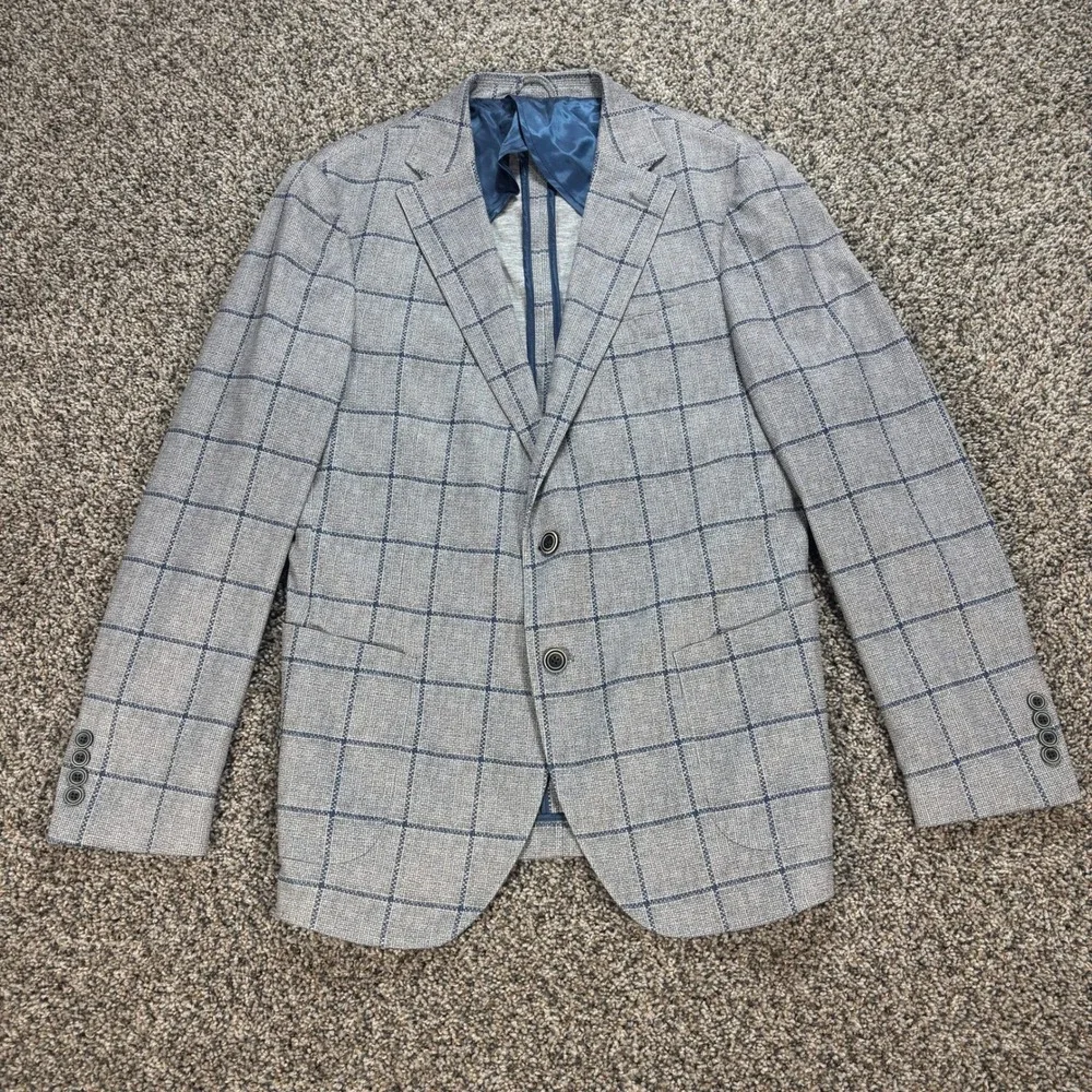 Johnnie-O Ascot Shop La Jolla Men's 42R Blazer Sport Coat Grey Blue Windowpane