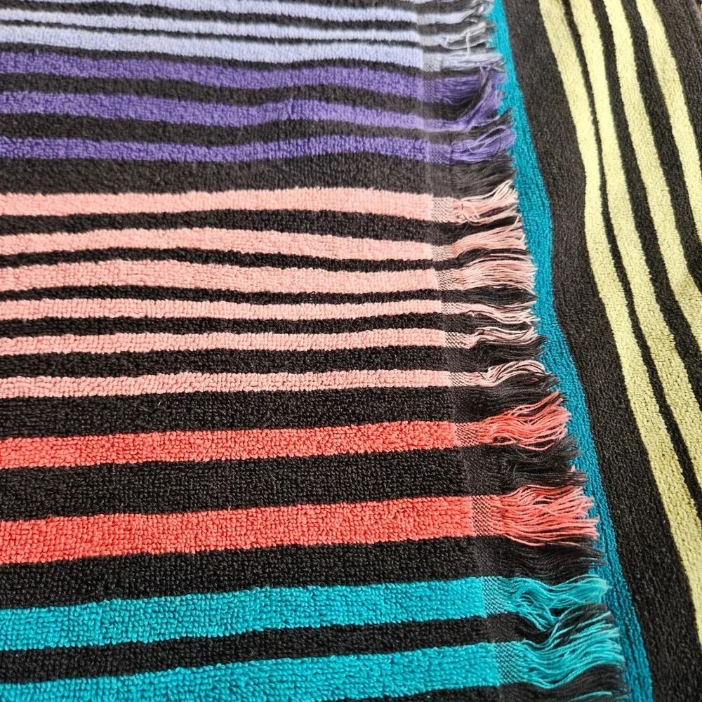 Benetton‎ Vtg MultiColor Striped Cotton Beach Pool Towel Fringed Retro 62x30