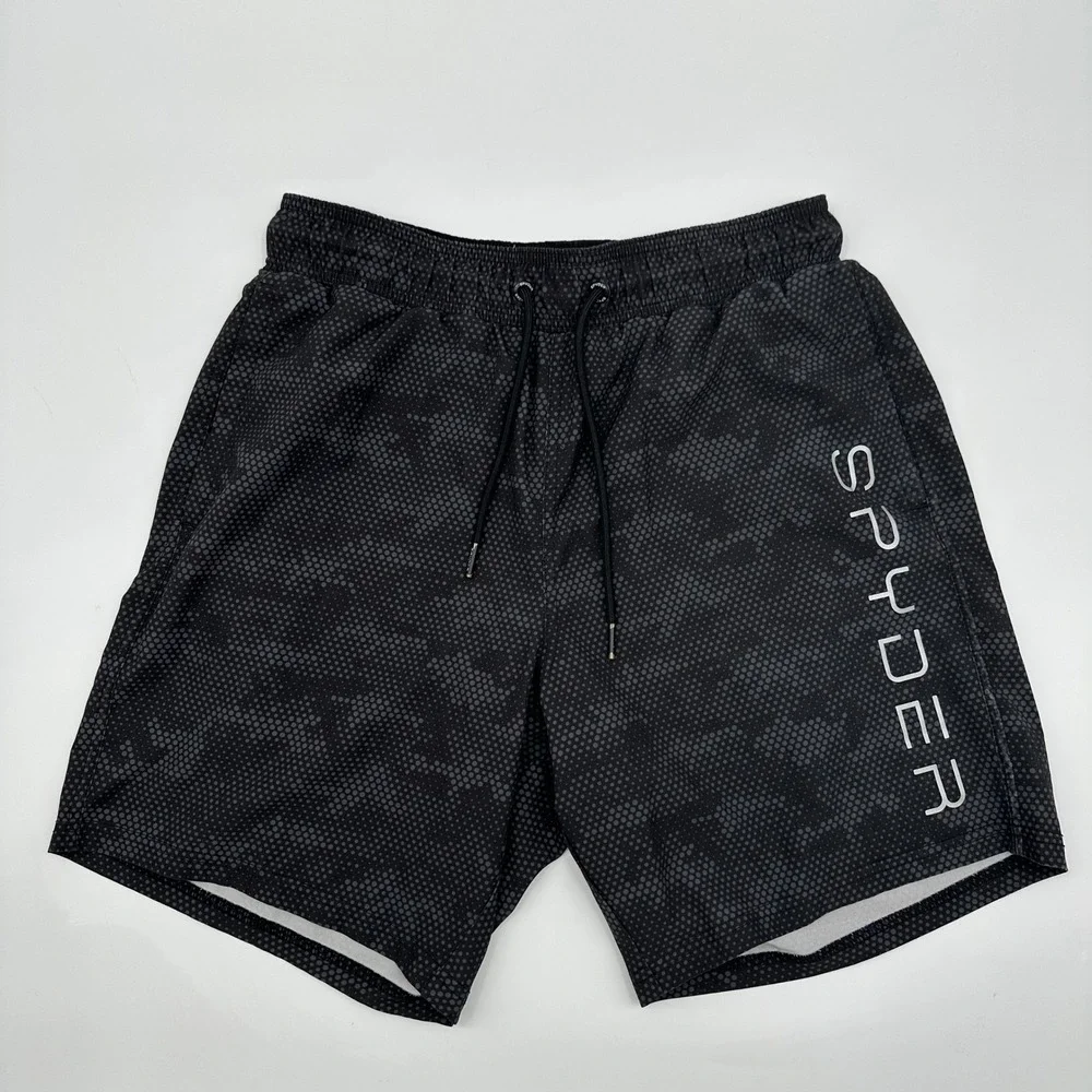 Spyder Swim Mens‎ Small S Black Grey Dot Camo Board Shorts Trunks Zipper Pocket