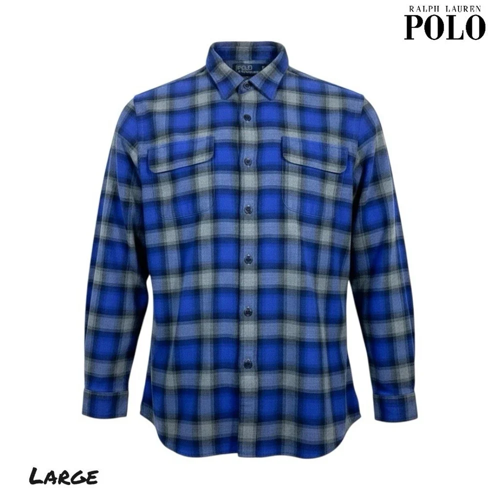 VTG Polo By Ralph Lauren Heritage Ski Camp Flannel Shirt Mens LRG Blue‎ Plaid