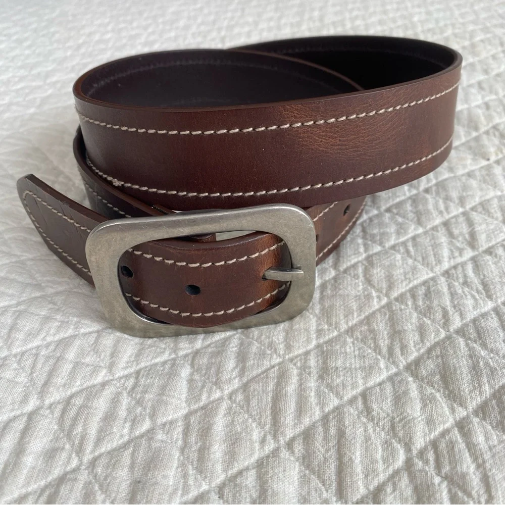 Classic Work Brown Leather Belt White Stitching Silver tone buckle men’s size XL
