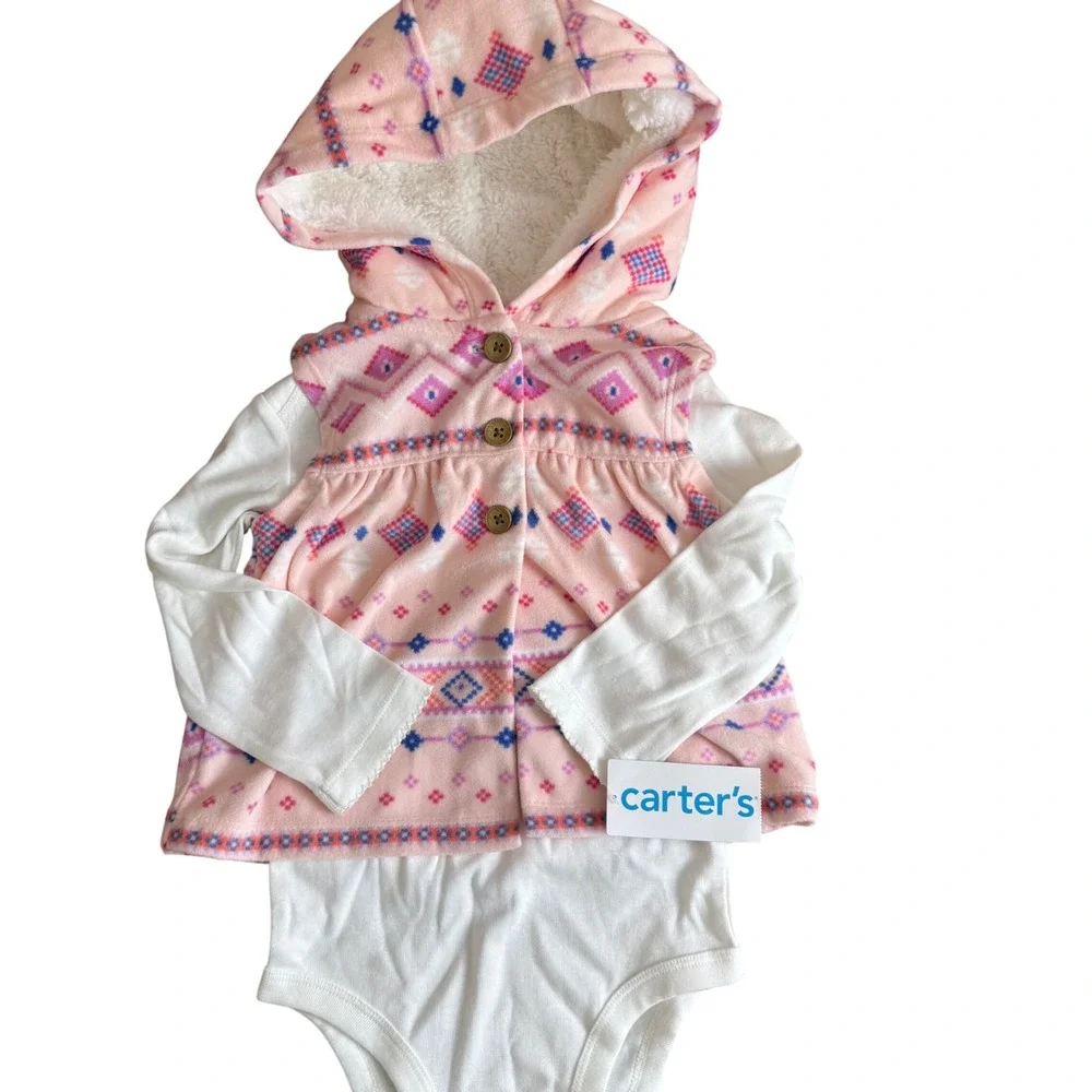 SALE Carter's Baby Girls 18m Pink Geometric Fleece Hooded Vest Bodysuit 2 Piece‎
