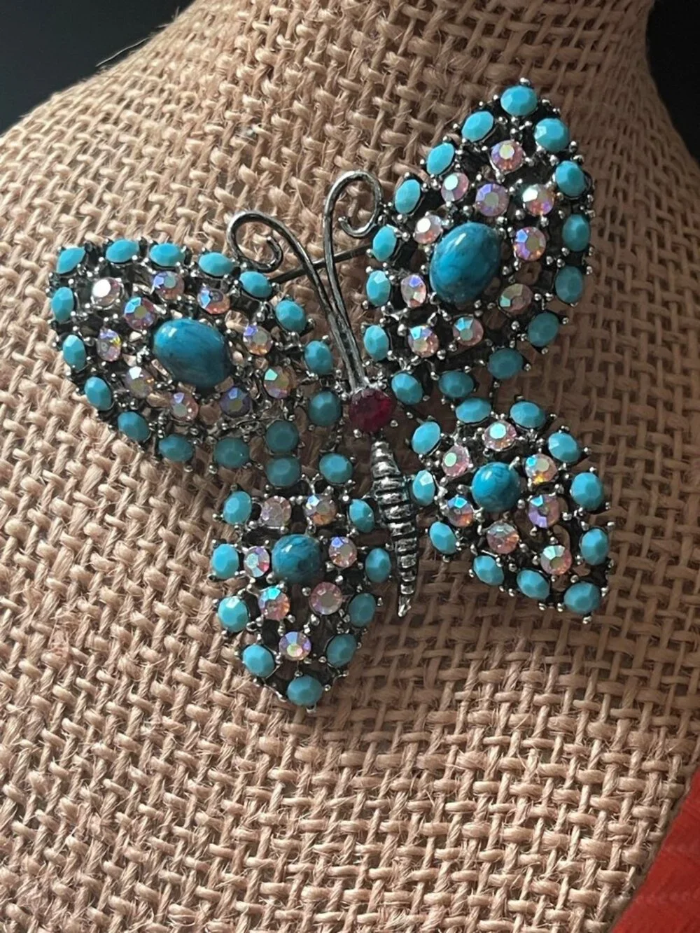 VTG Weiss Bejeweled Butterfly Brooch Turquoise Cabochons & Rhinestones 3.5