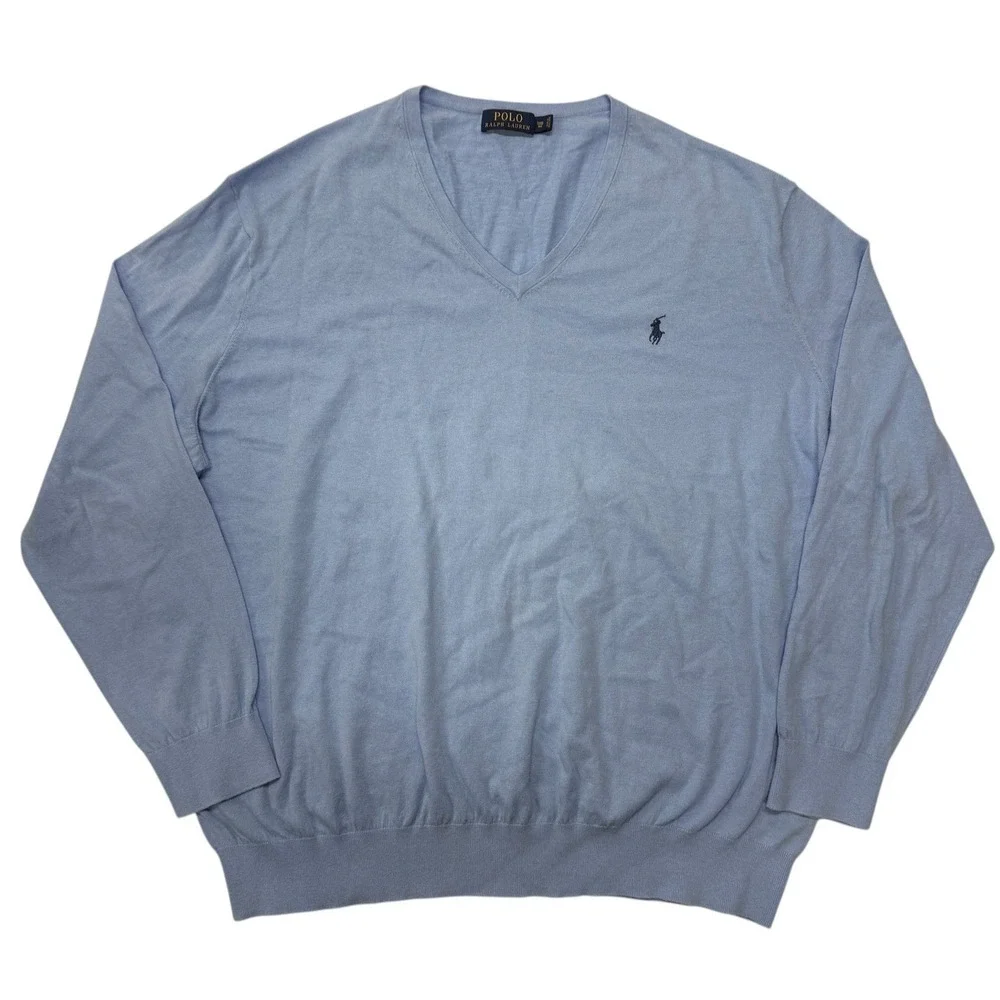 Polo Ralph Lauren Mens 3XB Blue Cotton Cashmere V-Neck Sweater Big & Tall Pony