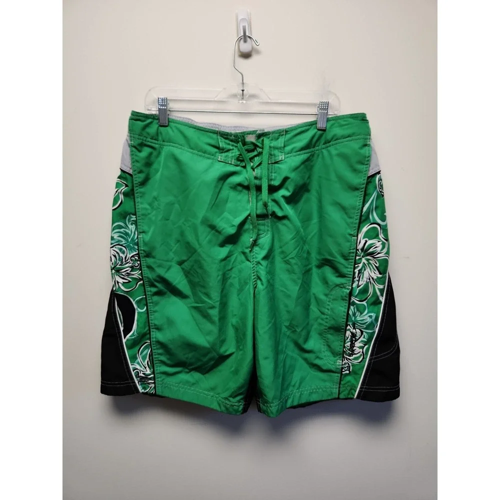 Mens Swim Shorts Trunks‎ Speedo Lined Black Green Floral Hawaiian Aloha Large L