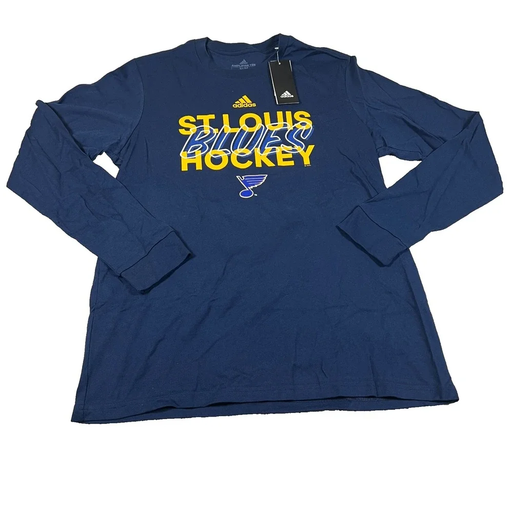 Adidas‎ Mens Medium Navy Blue St. Louis Blues Hockey LS Amplifier Tee Shirt NWT