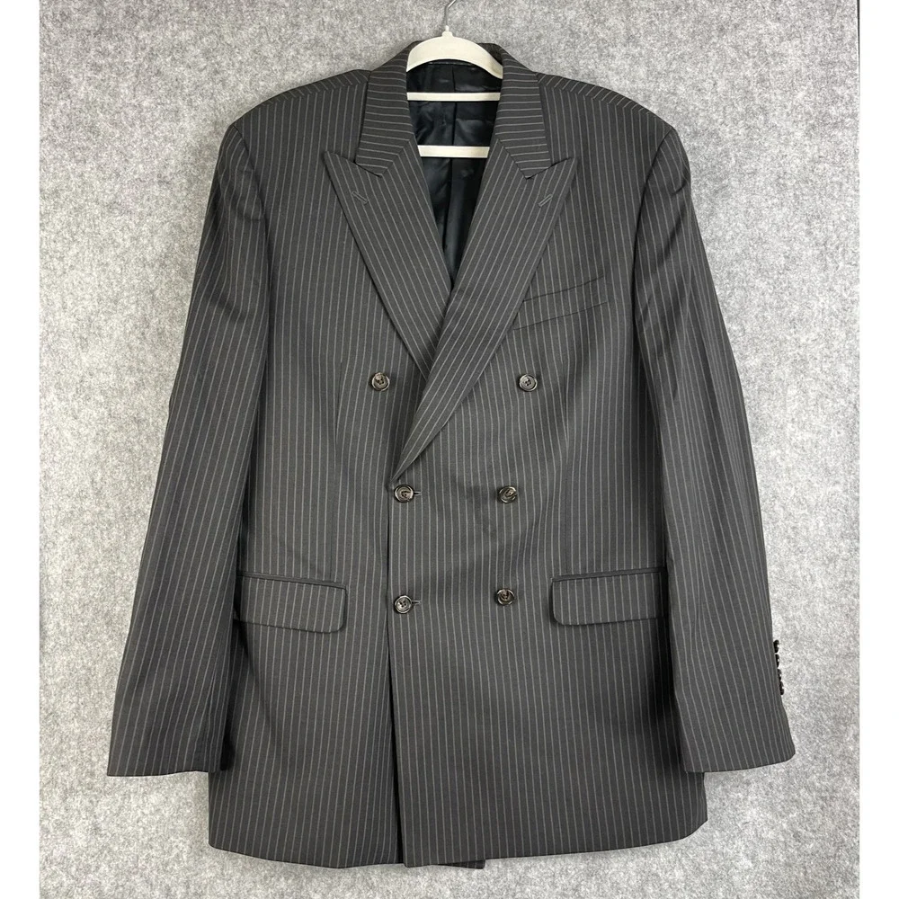 Ralph Lauren Blazer Sport Coat Mens 44L Dark‎ Gray Striped Double Breasted Peak