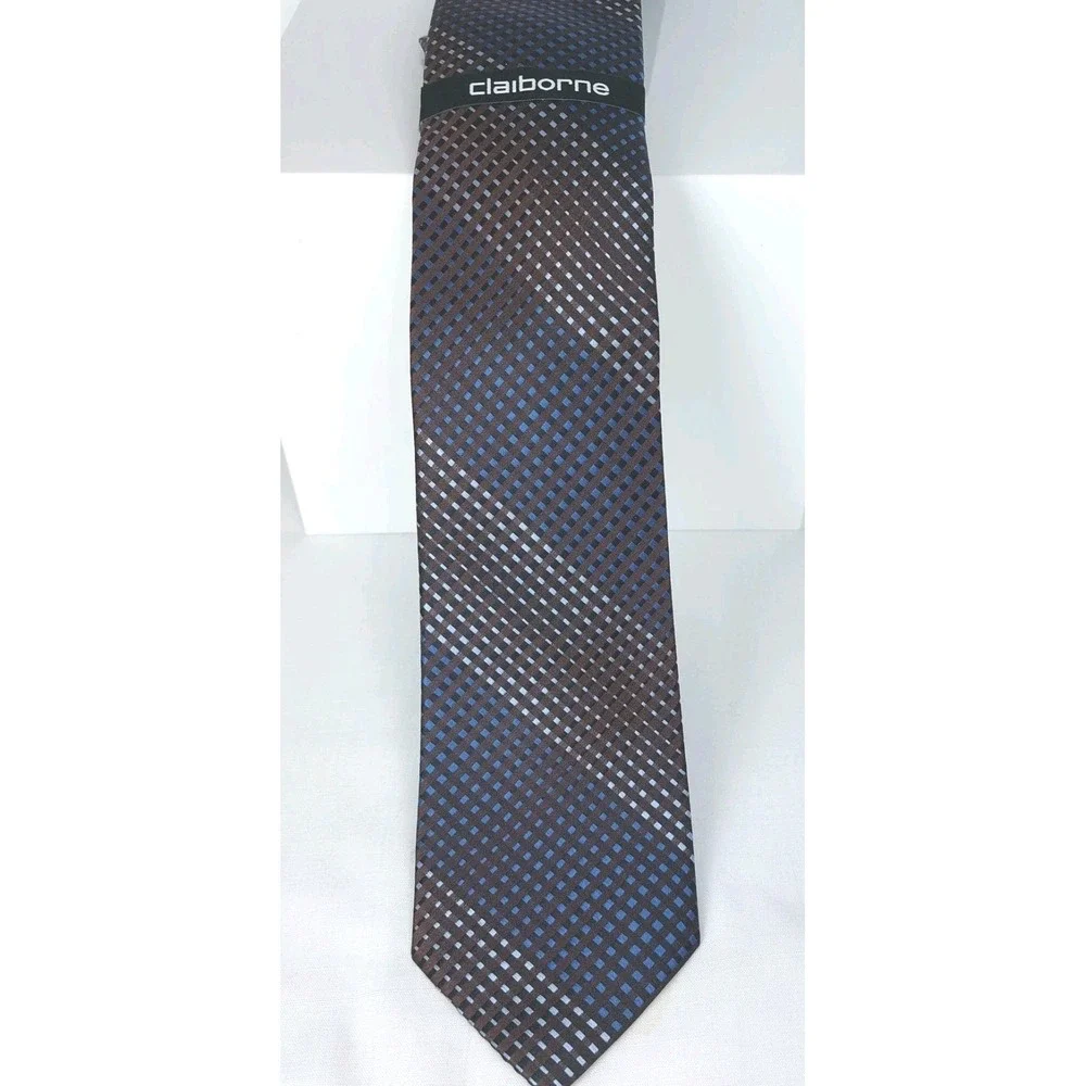 New CLAIBORNE Mens 100% Silk Necktie Blue Brown Geometric Modern 3