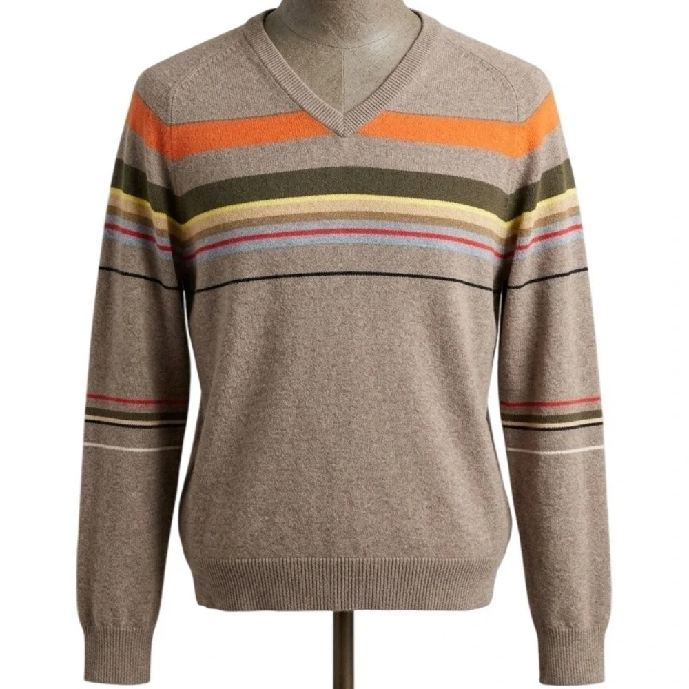 J Crew Men's V Neck Striped Sweater XL‎ Cotton Wool Blend Taupe Orange