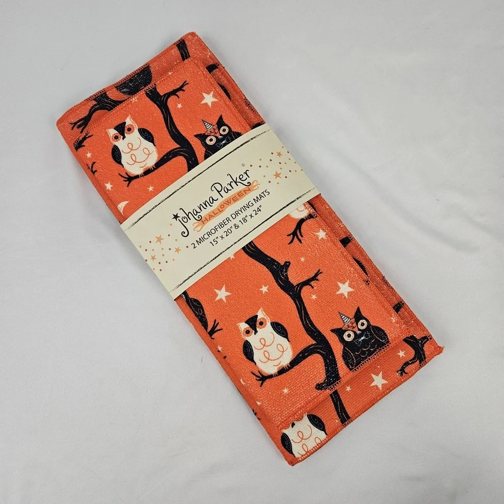 Summerween Owl Drying Mat Set of 2 Orange Microfiber NEW Joanna Parker Decor