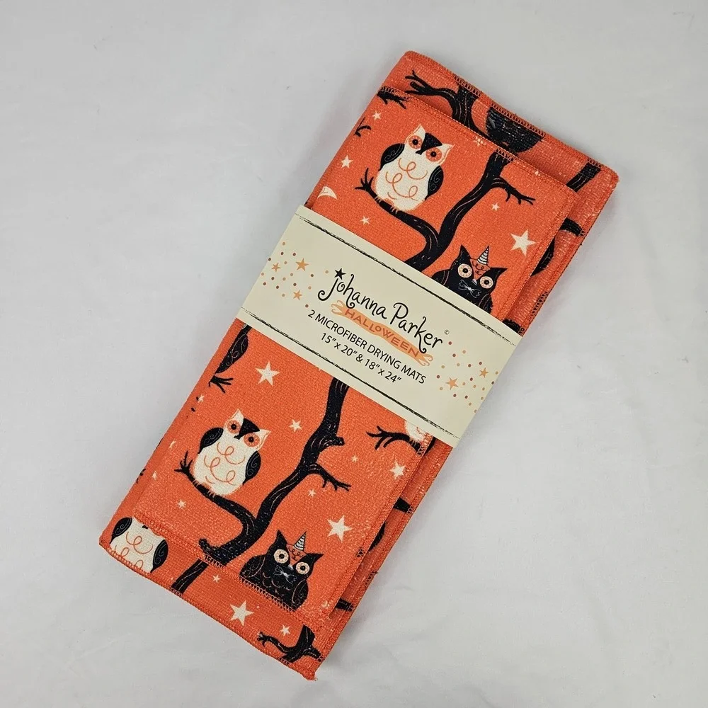 Summerween Owl Drying Mat Set of 2 Orange Microfiber NEW Joanna Parker Decor