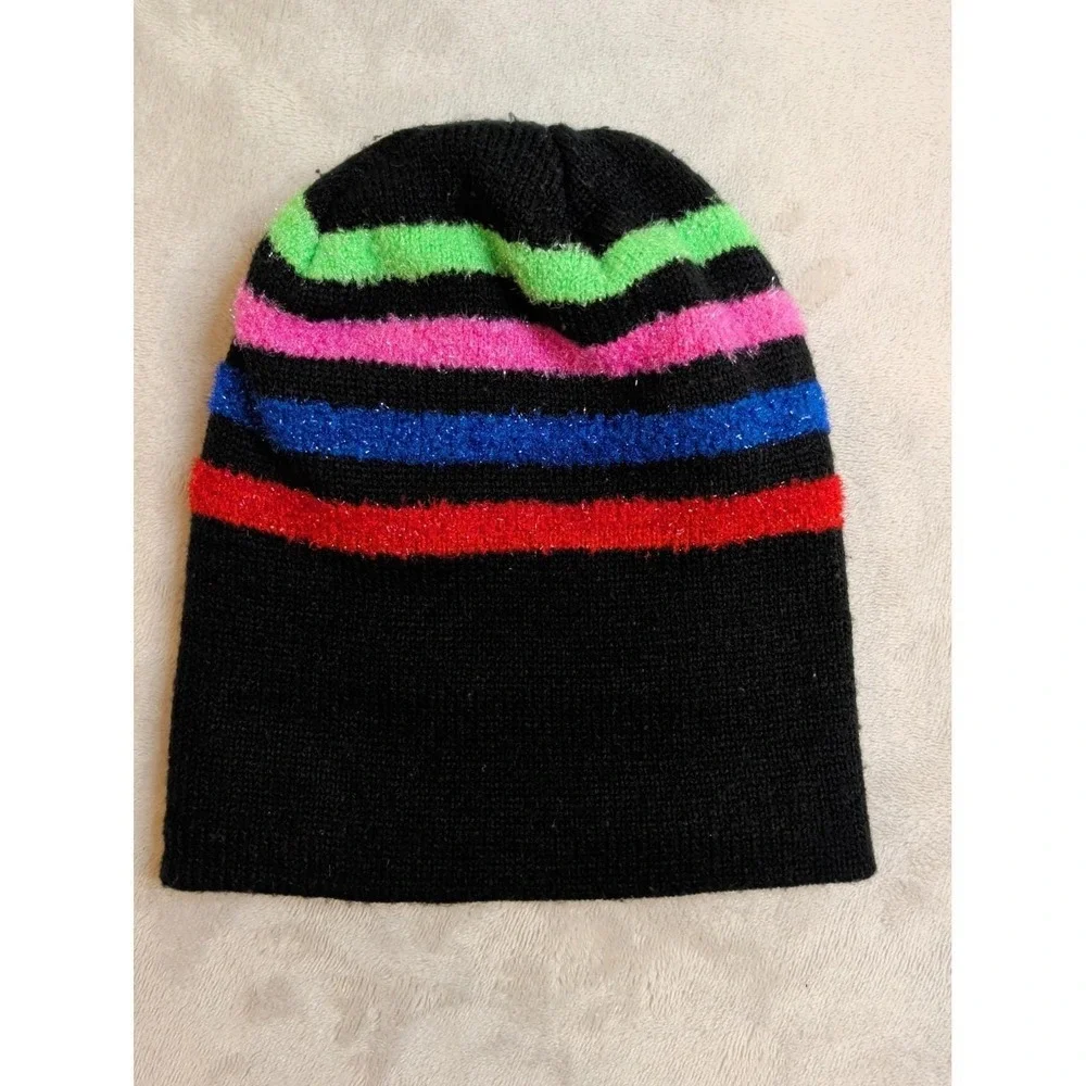 Vintage‎ Neon Beanie Hat & Gloves Set Black Stripe 90s Winter Kids
