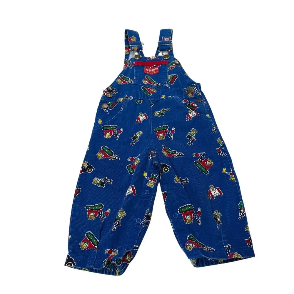 Vintage 90s OshKosh Boys Mice At Work Construction Print Corduroy Overalls 2T