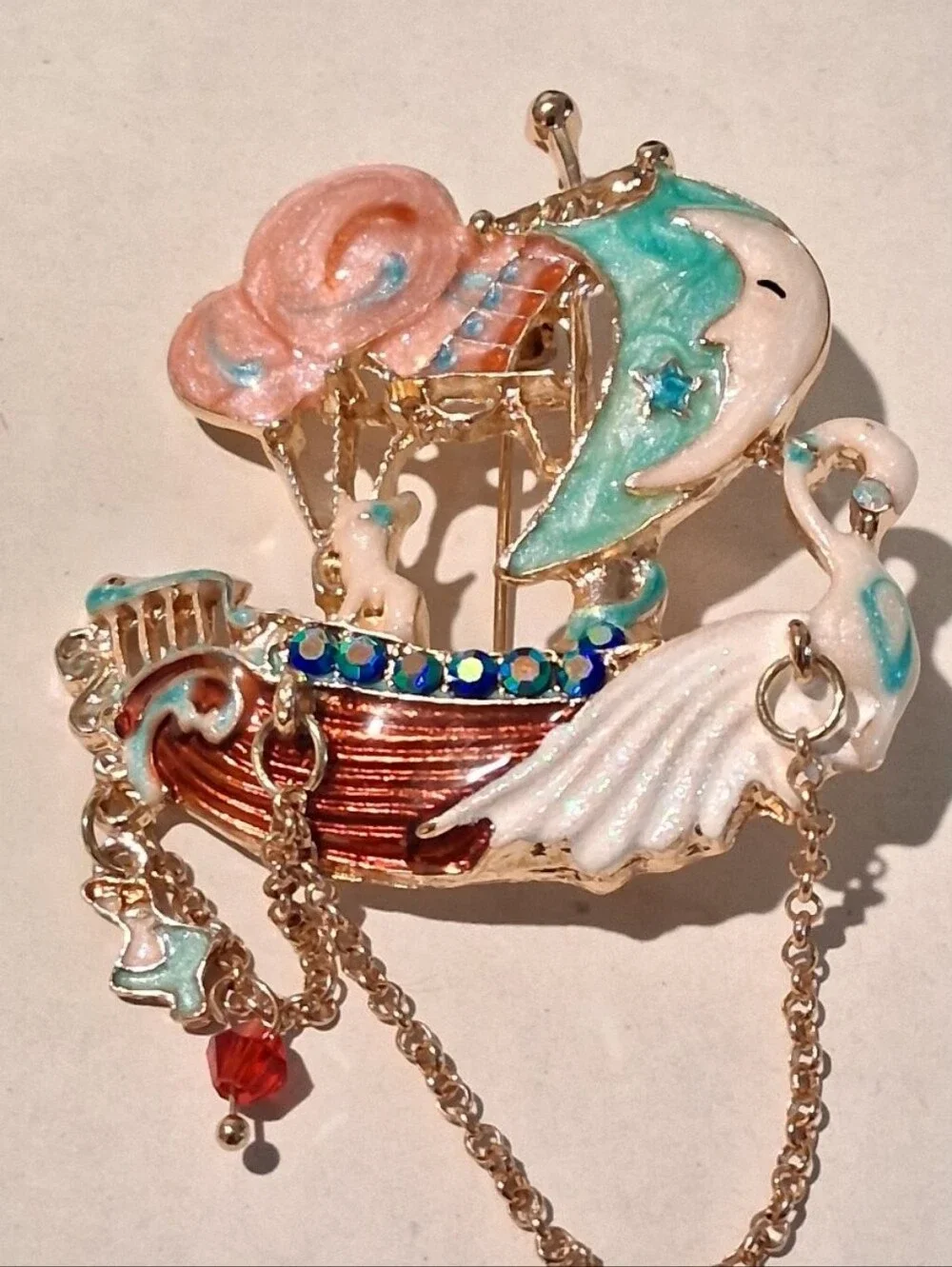 New Whimsical Enamel Swan & Moon Boat Brooch - Pastel Pink, Teal & White