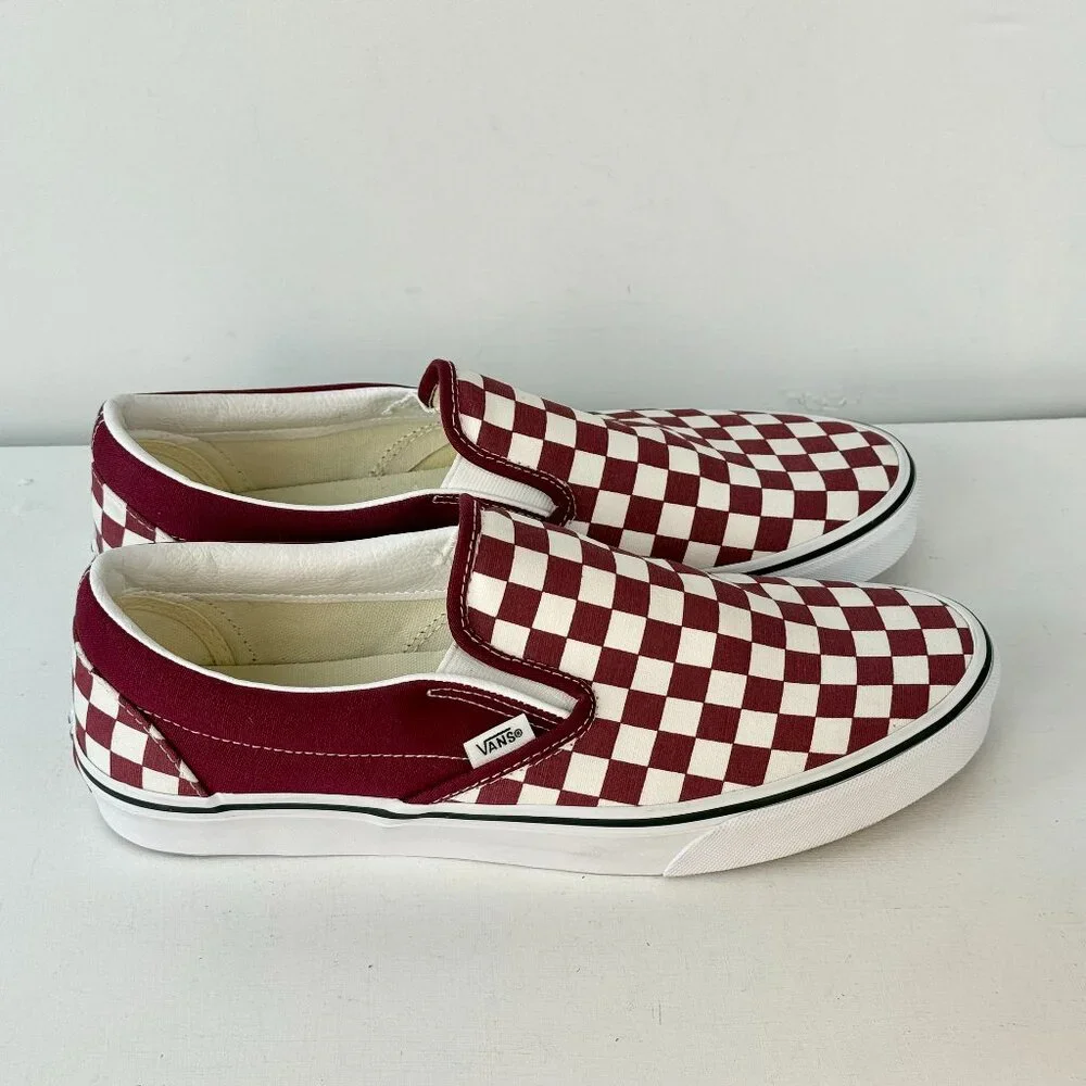 Men's 11 - VANS Classic Slip-On Checkerboard Skateboarding Shoe - Burgundy