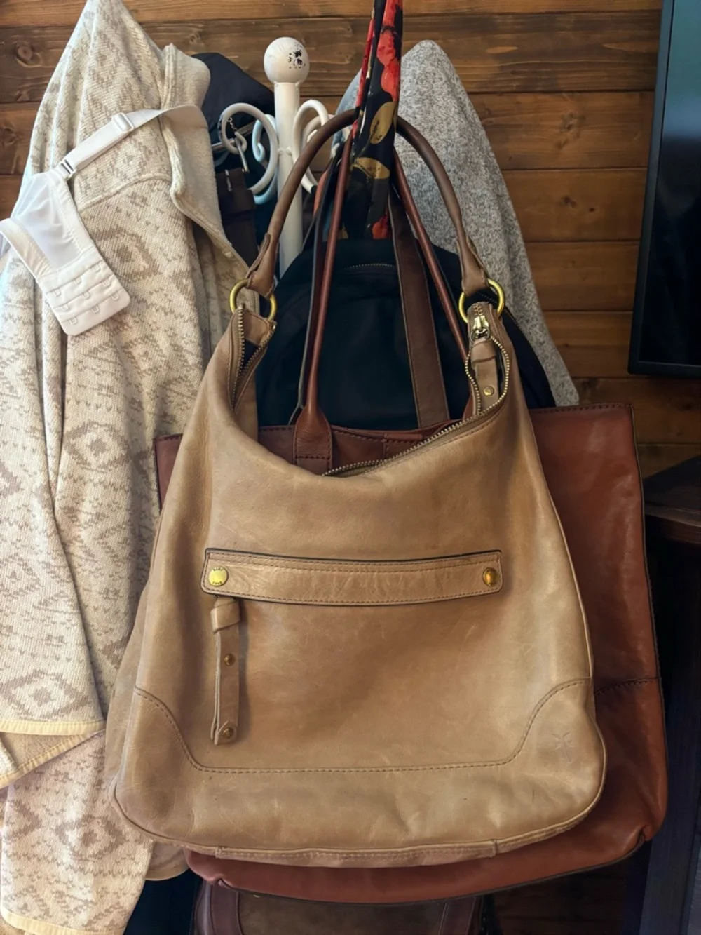 Frye Melissa Zip Hobo Bag, Large, Tan, Genuine Leather, Slouchy Shoulder Bag