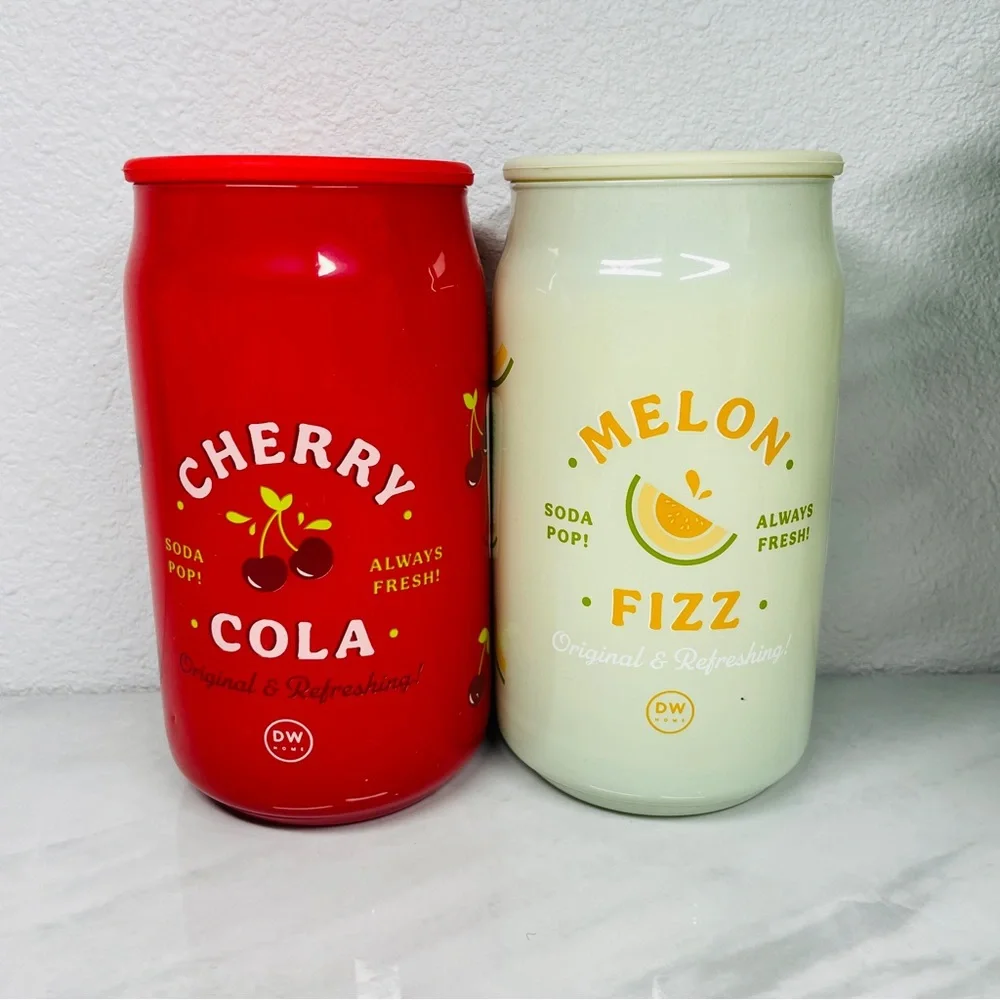 NEW DW Home Soda Pop Scented Candle Set Cherry Cola &‎ Melon Fizz 15oz Can Jars