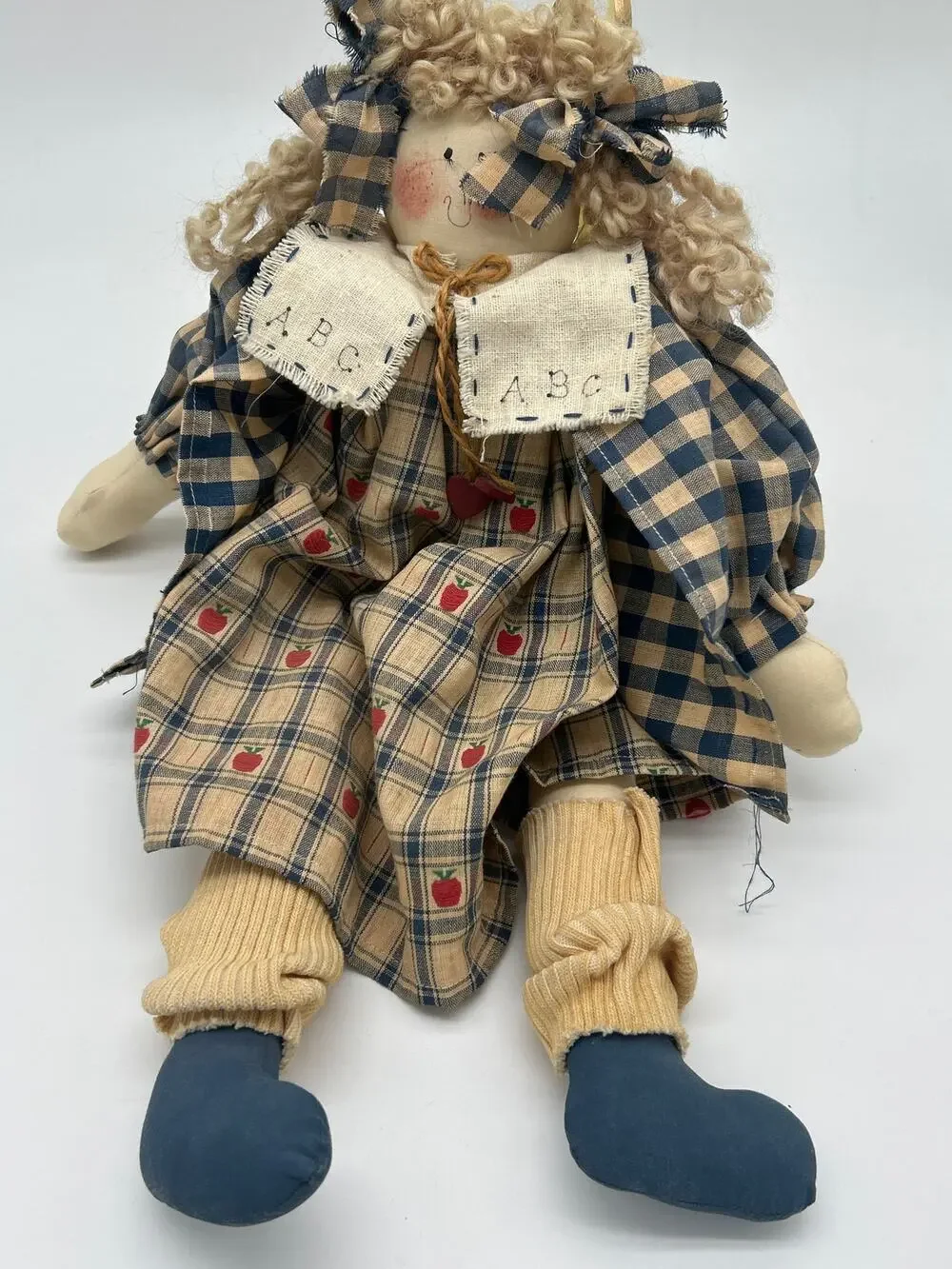 Vintage Rag Doll Plaid Dress ABC Collar Primitive Country Cloth Doll Americana