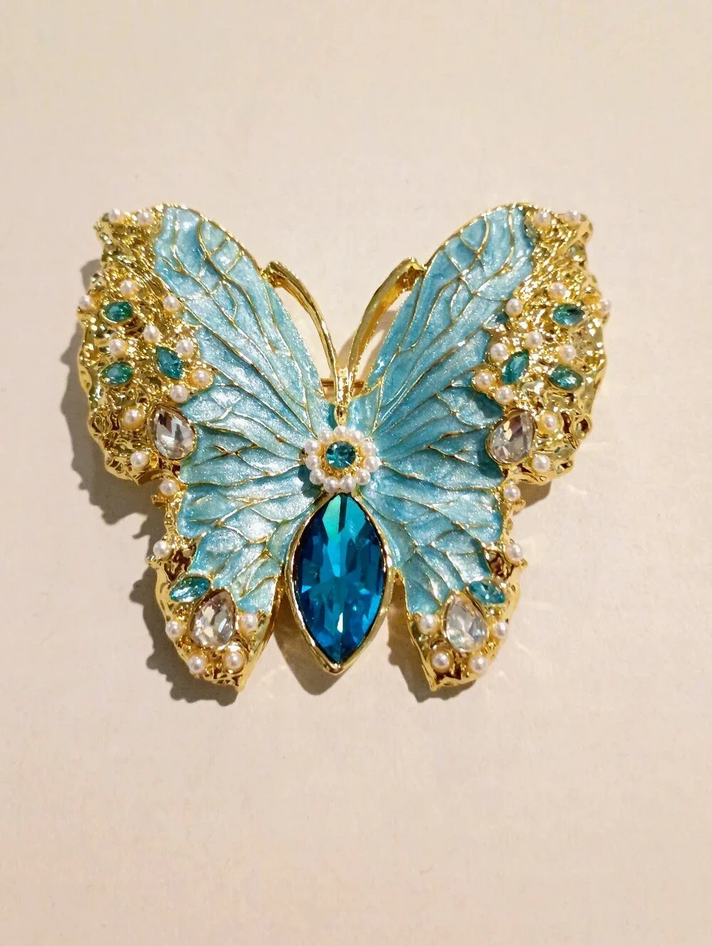 New Gold-Tone Blue Butterfly Crystal Brooch - Women's Jewelry