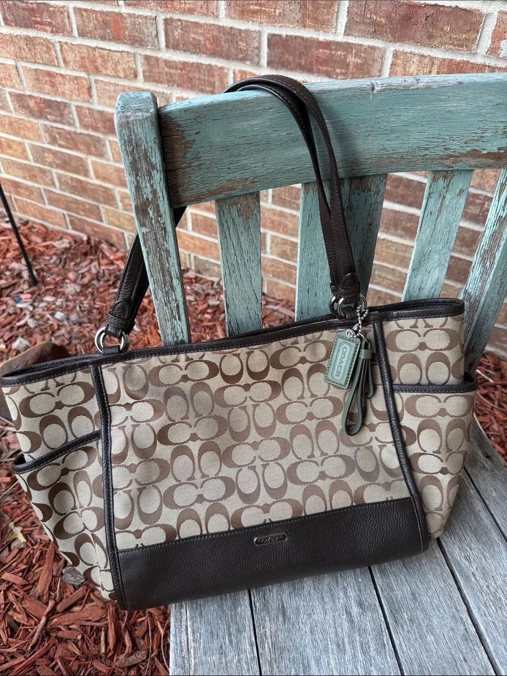 Coach Park Signature Carrie Tote 👜 w/Monogram canvas & dark brown leather trim