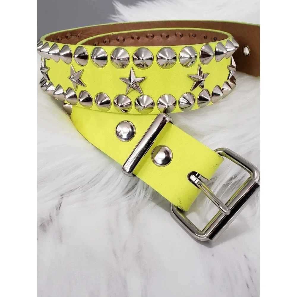 LIME GREEN METAL STUDDED CANVAS BELT PUNK PLUS MOD RAVE ROCK STAR STAR EMO