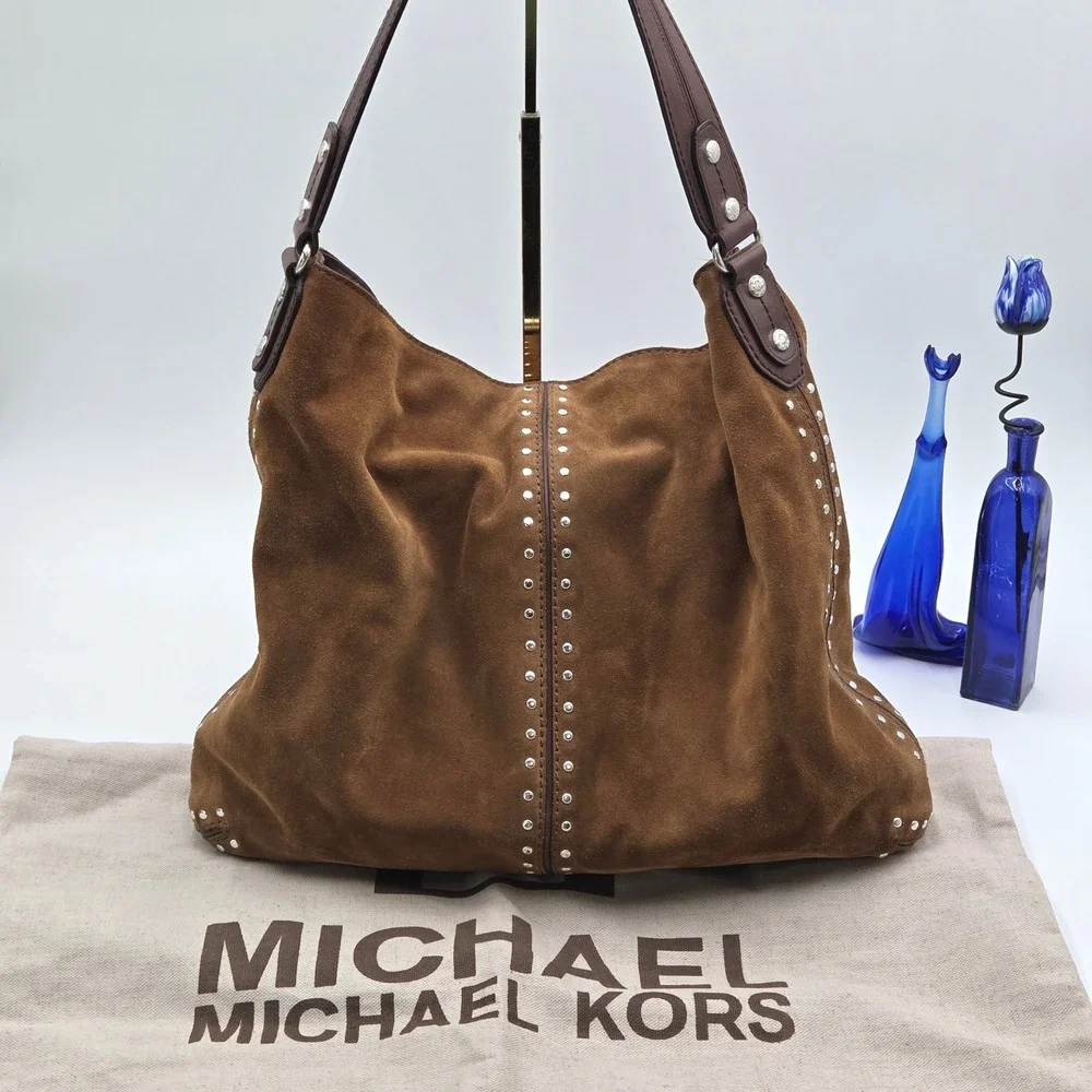 Michael Kors Large Slouchy Suede Hobo Bag Brown Studded Leather Y2K Dust Bag