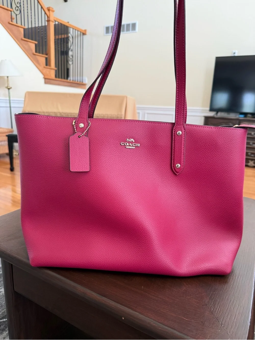 Coach Fuchsia Pebbled Leather Tote with Shoulder Straps