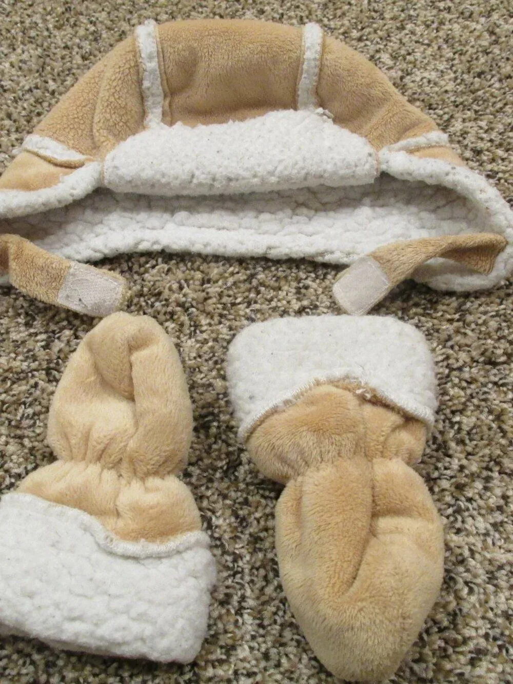 Infant Winter Sherpa Hat Mitten 2 Pc Set Trapper Style Size Boys 3-6M Brown Tan‎