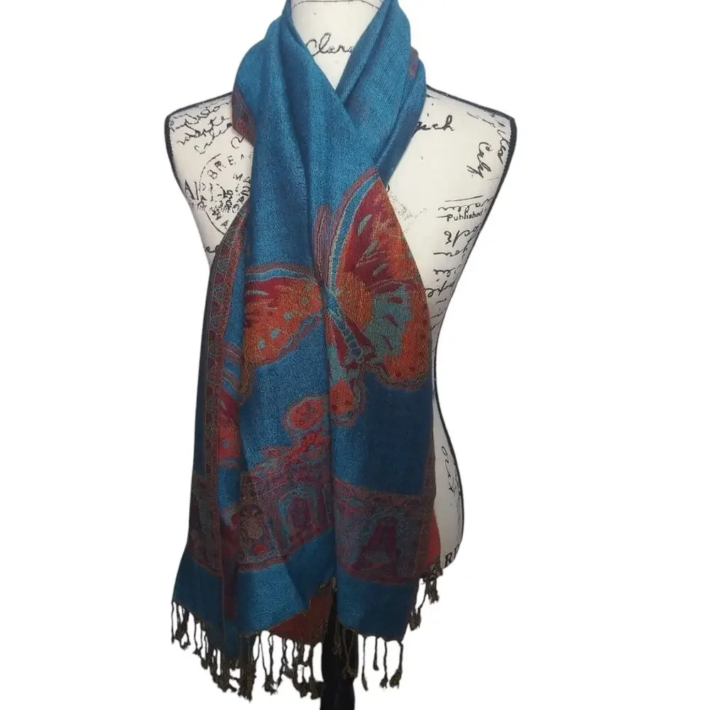 Blue Elegant Blue Butterfly Fringe Novelty Spring Summer Scarf Shawl