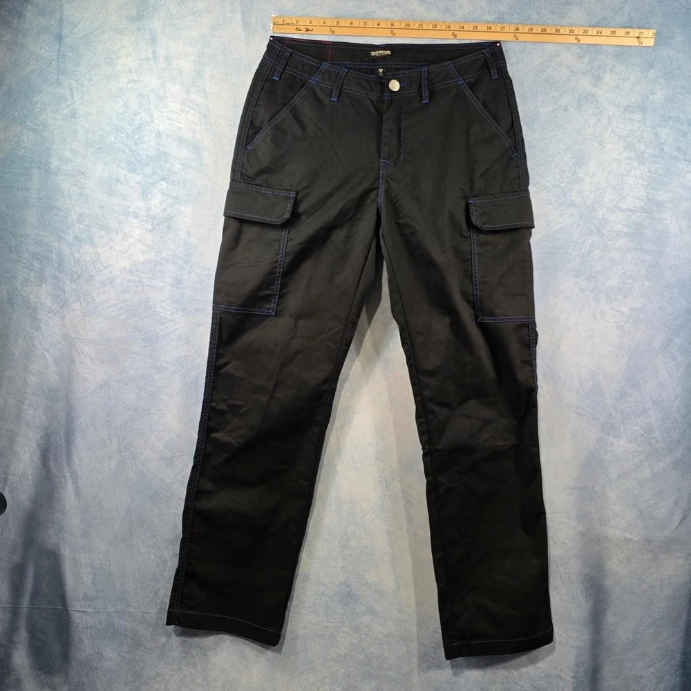 True Religion Mens Cargo Pants Jet Black‎ Pacific Blue Stitch 108335 Size 32 NWT