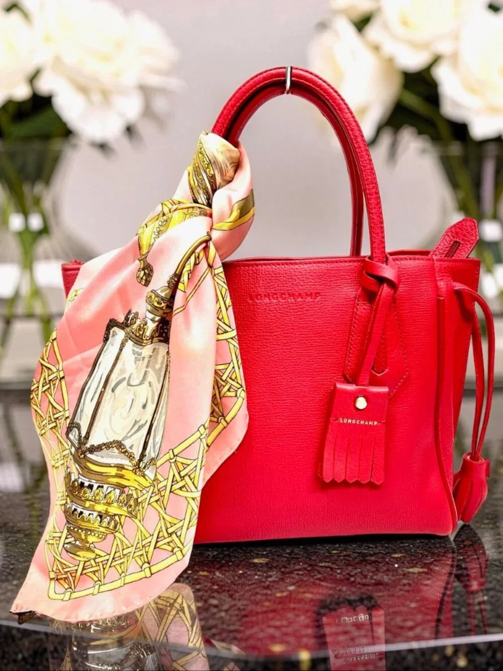 Longchamp Roseau Essential Hobo Bag Rust Bright Red  Shoulder Tote+Silk Scarf (6