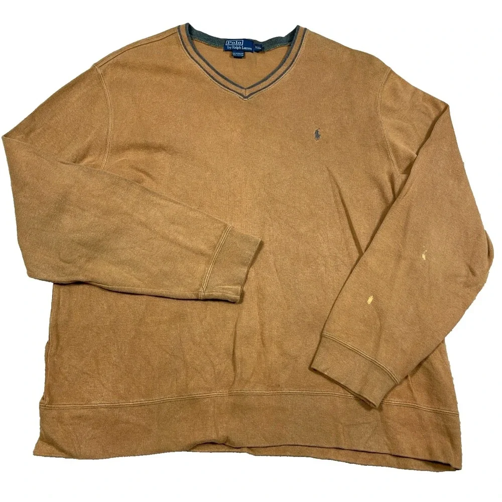 Vintage Polo‎ Ralph Lauren Sweater Men XXL 2XL Brown V Neck Soft Golf Pullover