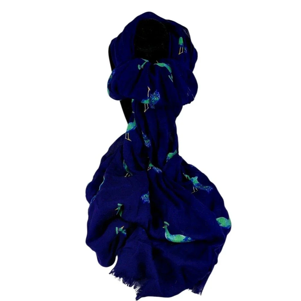 Peacock Print Navy Blue Scarf Teal Gold Wrap Boho Gift