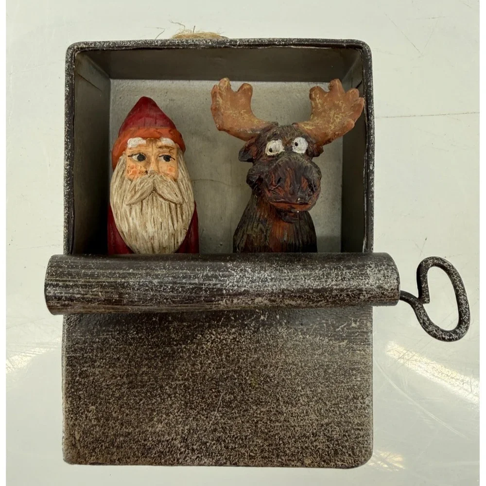 Rustic Santa & Moose Shadow Box Christmas Wall Decor Primitive Sardine Tin