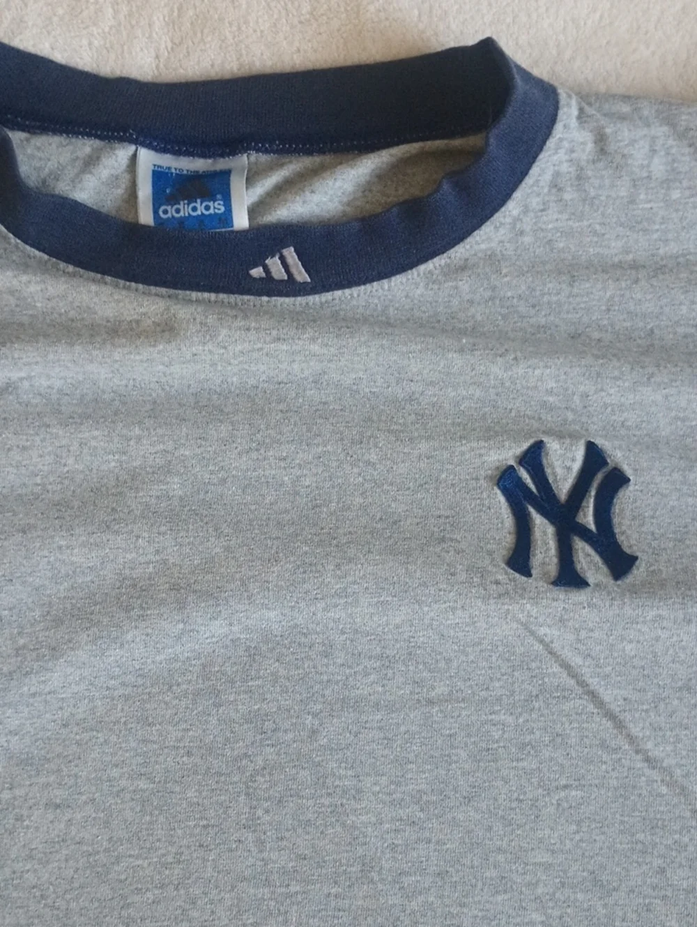 Adidas Light Gray Ringer Tee with Navy Trim and Logo