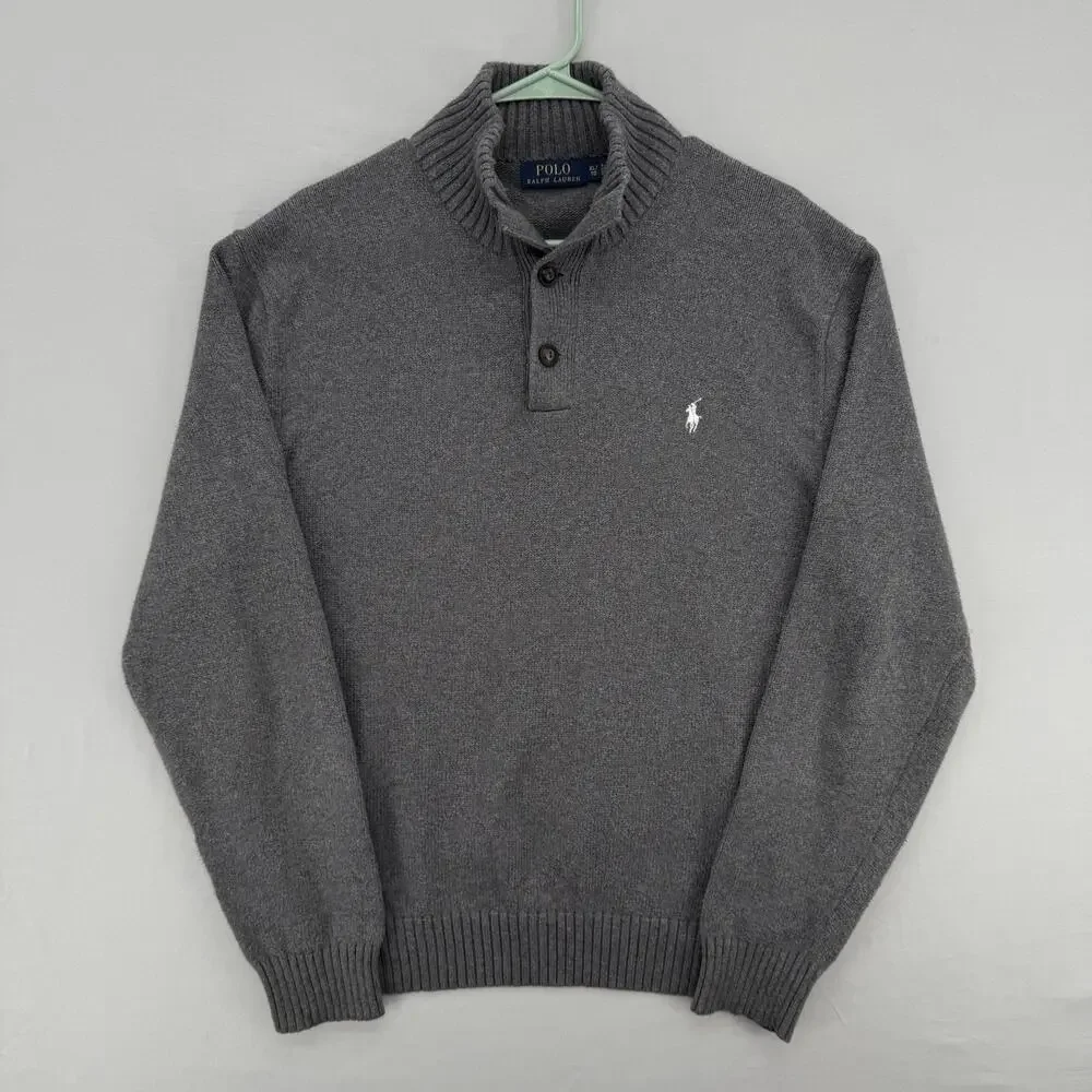 Polo Ralph Lauren Sweater Mens XL Gray Cotton Knit 1/4 Button Mock Neck Pullover