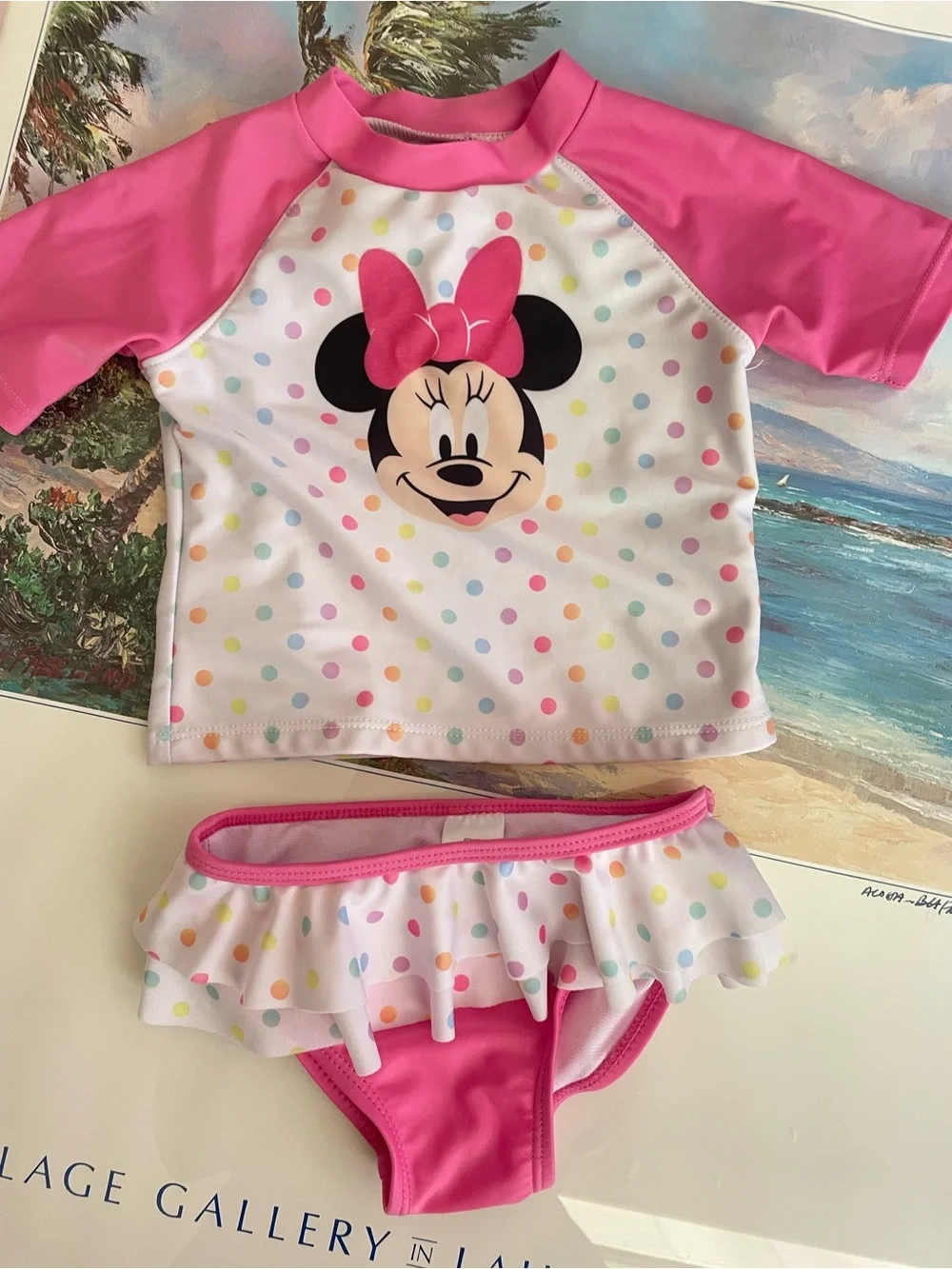 Disney Minnie Mouse Polka Dot Ruffle Two Piece Swimsuit Rashguard Bikini Set