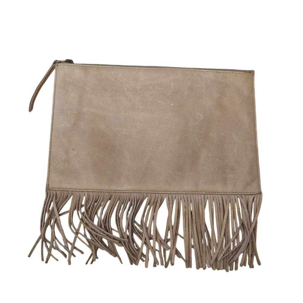 Madewell Tan Leather‎ Fringe Zip Clutch Boho Western Pouch