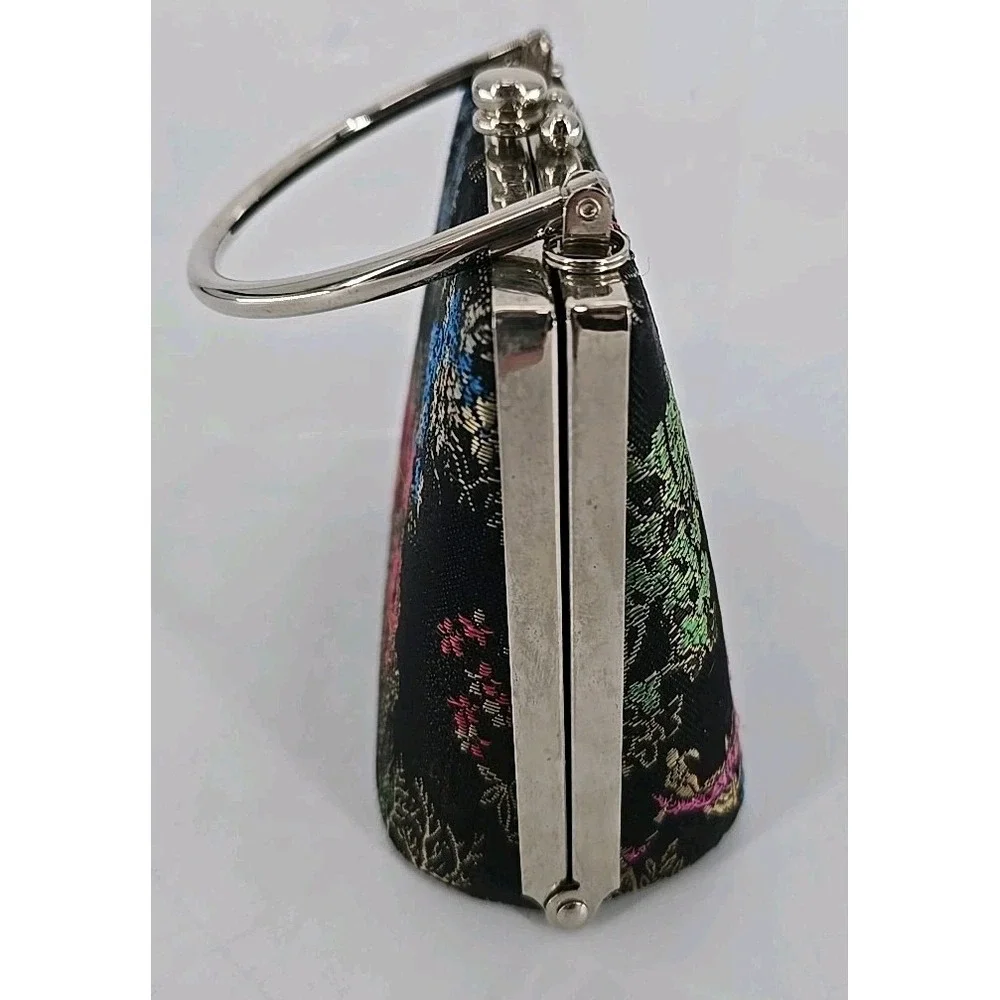 VINTAGE Purse Snap Lock Closure Needlepoint Tapestry Asia Print W/ Metal Details
