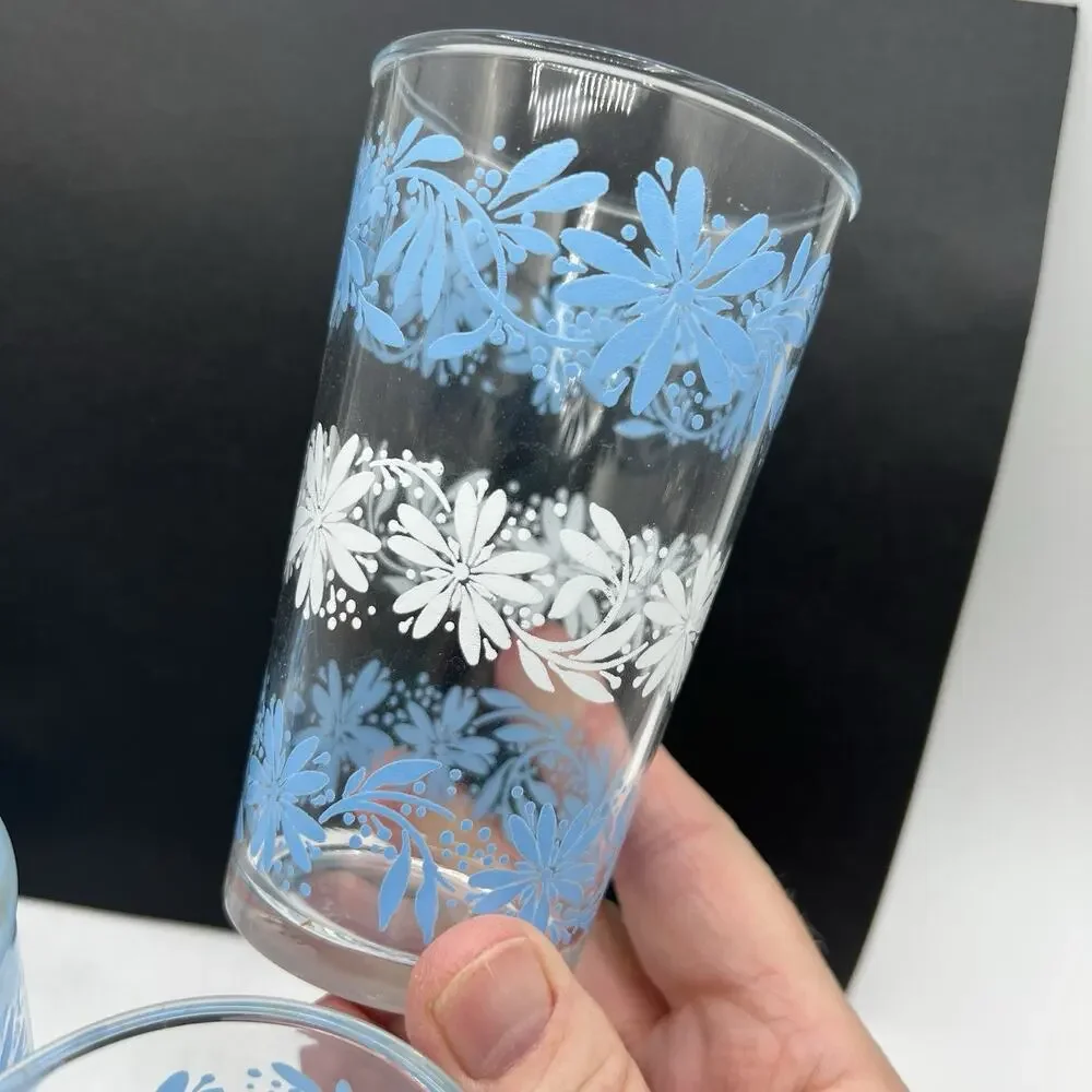 Set 6 Hazel Atlas Drinking Juice Glasses 1960s Blue White Daisies Flowers 4.5