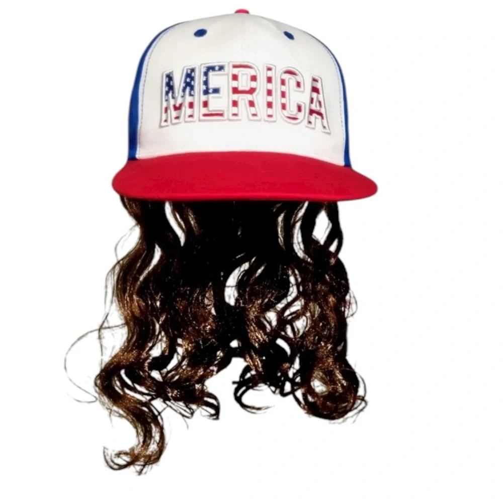 USA Mullet Hat Brown‎ Wig Merica Redneck 4th of July All American Costume