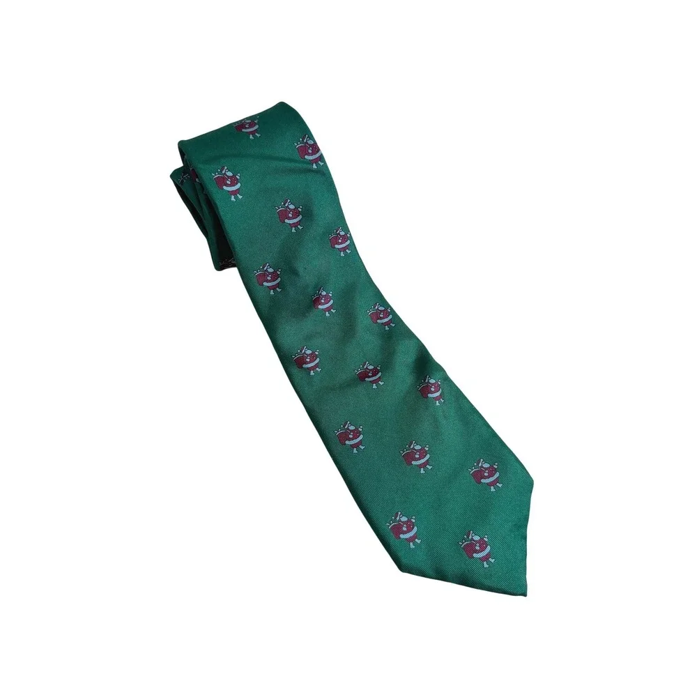 VTG Saks Fifth Avenue Mens Silk Christmas Tie Green Santa Claus Holiday USA Read